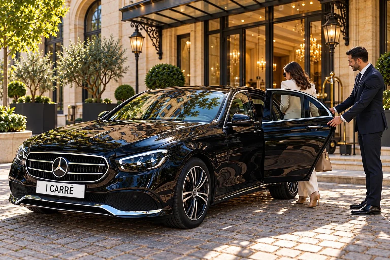 Chauffeur et voiture haut de gamme à la disposition d'un client devant un hôtel lyonnais