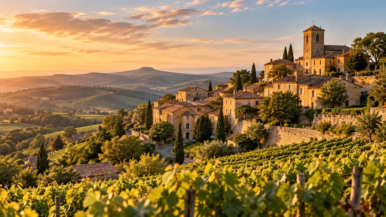 Golden-stone village among the vineyards at sunset