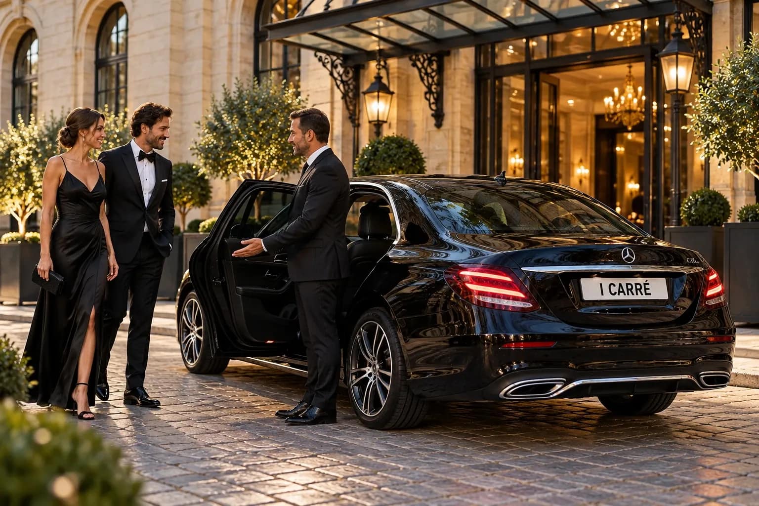 Chauffeur ouvrant la portière à des invités arrivant à une soirée privée à Lyon