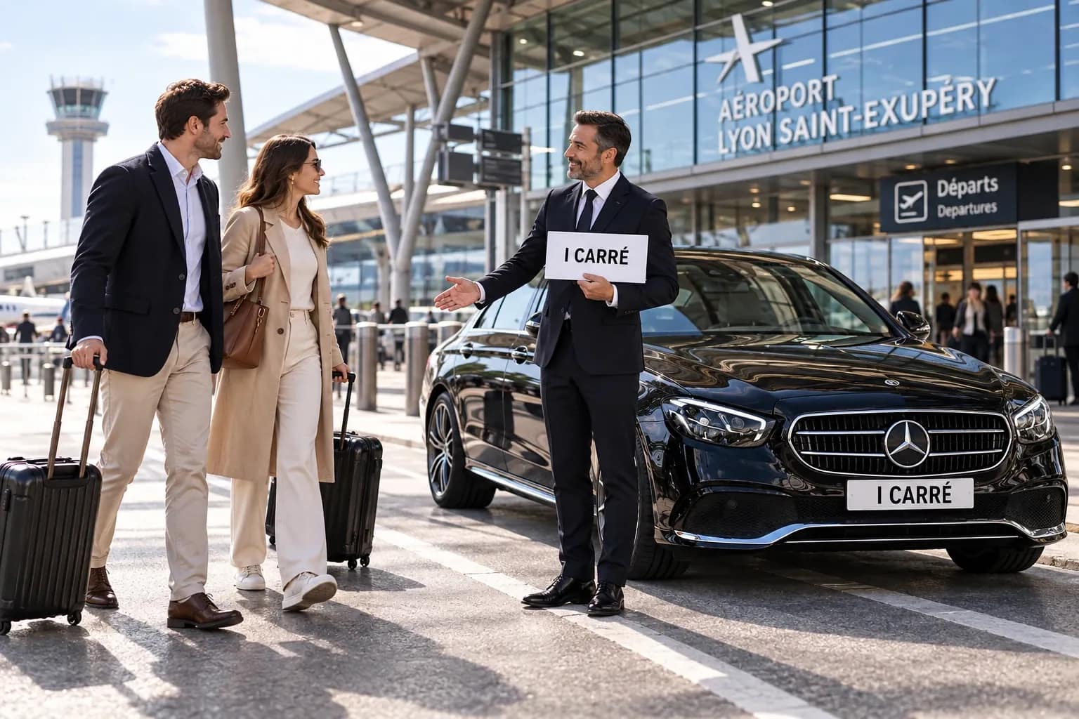 Chauffeur accueillant un passager à l'aéroport de Lyon avec une Mercedes Classe E
